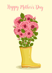 Mother's day greeting card. Bouquet of roses in yellow rain boot. Botanical vector illustration isolated for postcard, poster, ad, decor and other uses.