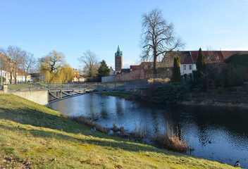 Delitzsch, Germany, bridge to the old town center and with historic city wall