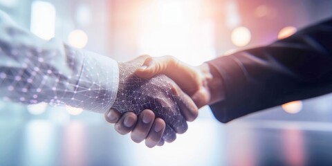 Businessmen engaging in a digital handshake, gesture of greeting and a sign of a potential business deal in digital world. Business cooperation, mergers and acquisitions,  digital background