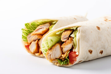 Chicken wrap with tomato cucumber and lettuce on white background. Generative Ai