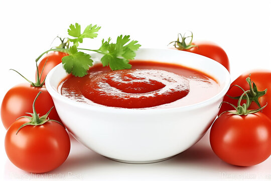Bowl of ketchup or tomato sauce with ingredients on white. Generative Ai