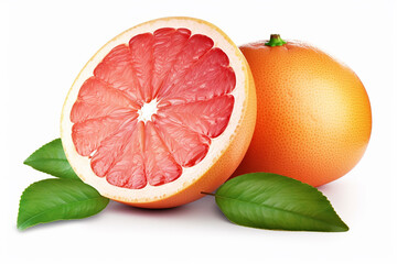 Grapefruit isolated. Pink grapefruit with leaf. Whole grapefruit with slice on white. Grapefruit slices with zest isolate. With clipping path. Generative Ai