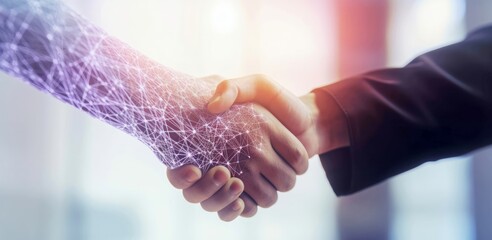 Businessmen engaging in a digital handshake, gesture of greeting and a sign of a potential business deal in digital world. Business cooperation, mergers and acquisitions,  digital background