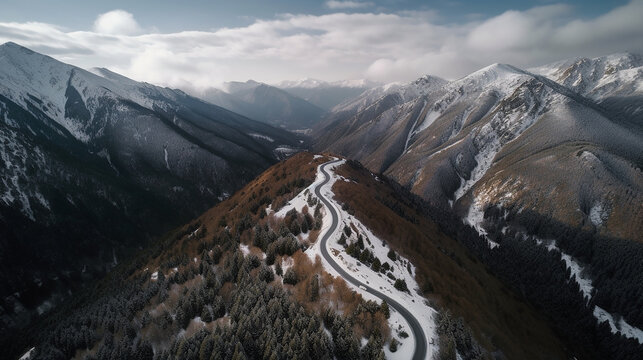 A road cutting through a snowy mountain range with a forest on top, the sun just peaking through the clouds - Generative AI