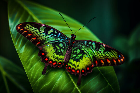 A beatifully multi colored butterfly sitting on a green leafe, macro photography - Generative AI
