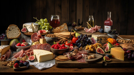 A rustic assembly of different foods beatifully arranged on different wooden boards, softly lit - Generative AI