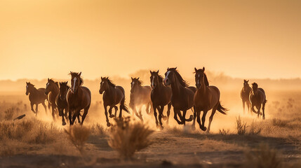 Fototapeta na wymiar A hoard of horses running over a dusty ground in front of the hills at sunset, the orange light illuminating the scene - Generative AI