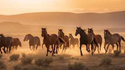 Fototapeta na wymiar A hoard of horses running over a dusty ground in front of the hills at sunset, the orange light illuminating the scene - Generative AI