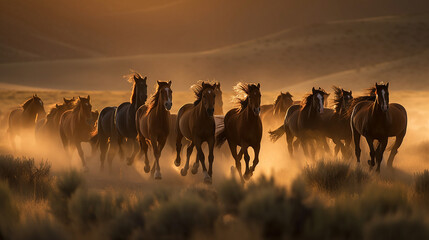 A hoard of horses running over a dusty ground in front of the hills at sunset, the orange light illuminating the scene - Generative AI