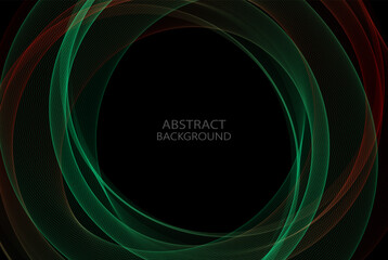 Red with green transparent lines of a circular wave on a dark background, design element