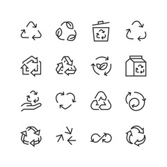Recycle, linear style icons set. Recyclability of a material, converting waste. Material recycling. The three chasing arrows. Editable stroke width