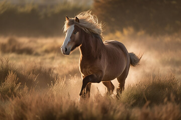 Obraz na płótnie Canvas A majestic horse running through a field of tall grass at sunset, its mane flowing in the wind - Generative AI