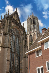 Utrecht street in summer with colorful houses in classic holland architecture