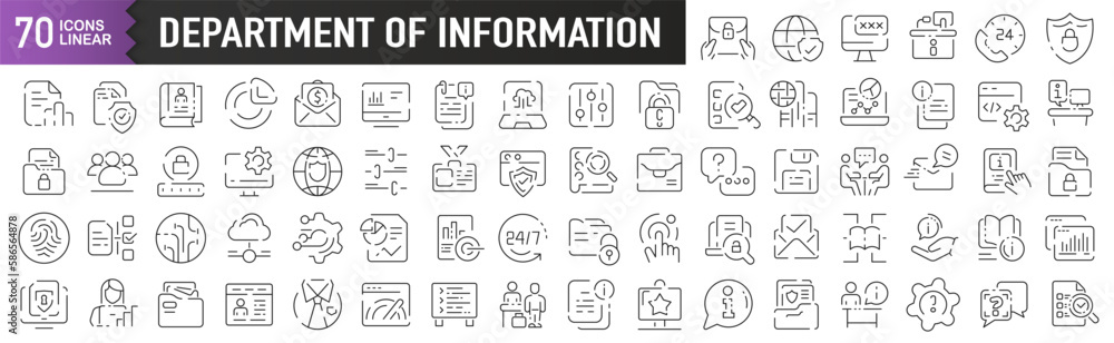 Aufkleber Department of Information black linear icons. Collection of 70 icons in black. Big set of linear icons