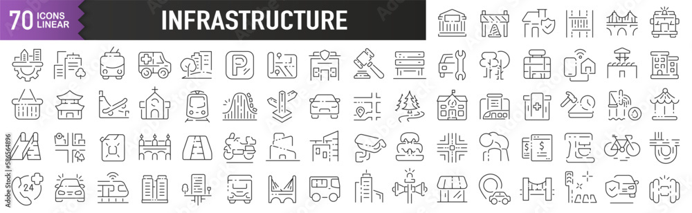 Fototapete infrastructure black linear icons. collection of 70 icons in black. big set of linear icons