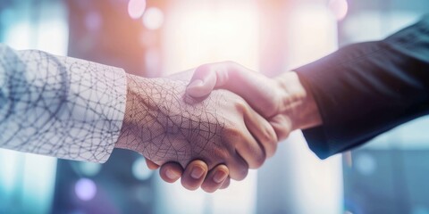 Businessmen engaging in a digital handshake, gesture of greeting and a sign of a potential business deal in digital world. Business cooperation, mergers and acquisitions,  digital background