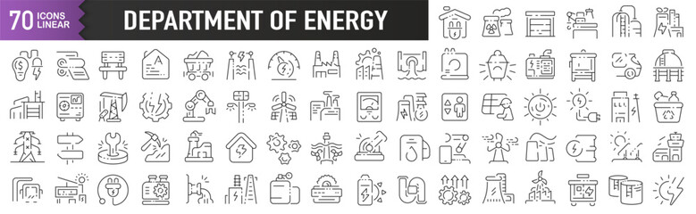 Department of Energy black linear icons. Collection of 70 icons in black. Big set of linear icons
