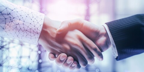 Businessmen engaging in a digital handshake, gesture of greeting and a sign of a potential business deal in digital world. Business cooperation, mergers and acquisitions,  digital background