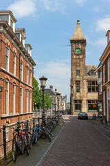 Utrecht street in summer with colorful houses in classic holland architecture