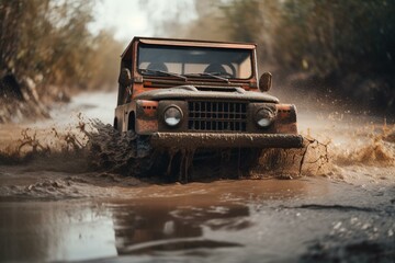 Obraz na płótnie Canvas Offroad vehicle in the action on mud. Generative AI