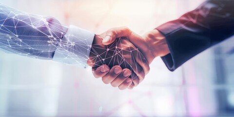 Businessmen engaging in a digital handshake, gesture of greeting and a sign of a potential business deal in digital world. Business cooperation, mergers and acquisitions,  digital background