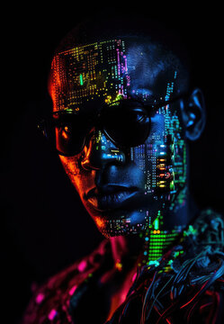 Humanoid portrait with VR glasses made by computer circuits. Metaverse concept. Generative AI