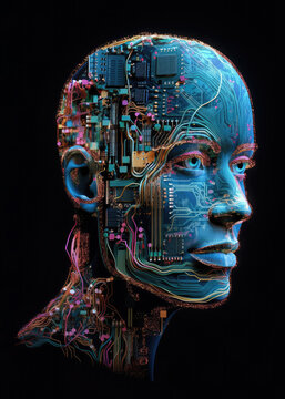 Humanoid portrait with VR glasses made by computer circuits. Metaverse concept. Generative AI