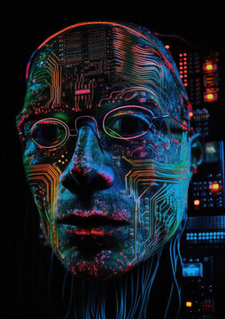 Humanoid portrait with VR glasses made by computer circuits. Metaverse concept. Generative AI