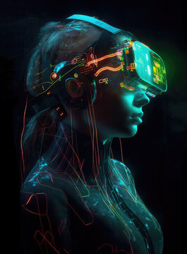 Humanoid portrait with VR glasses made by computer circuits. Metaverse concept. Generative AI