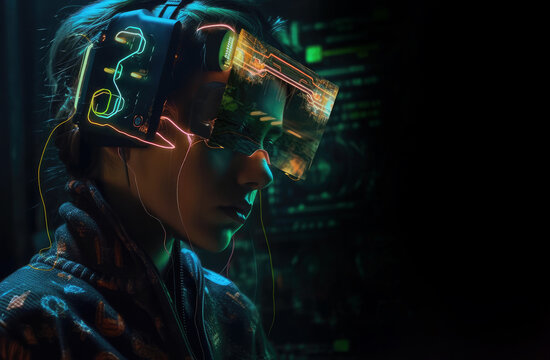 Humanoid portrait with VR glasses made by computer circuits. Metaverse concept. Generative AI