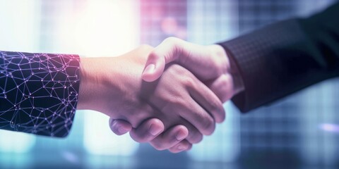 Businessmen engaging in a digital handshake, gesture of greeting and a sign of a potential business deal in digital world. Business cooperation, mergers and acquisitions,  digital background