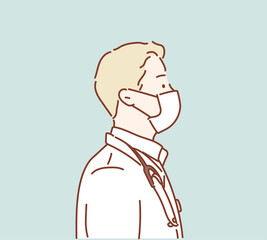 close up portrait of young doctor in mask. Hand drawn style vector design illustrations.