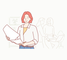 Young business leader in office
 . Hand drawn style vector design illustrations.