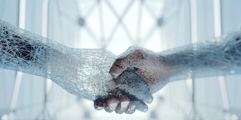 Businessmen engaging in a digital handshake, gesture of greeting and a sign of a potential business deal in digital world. Business cooperation, mergers and acquisitions,  digital background