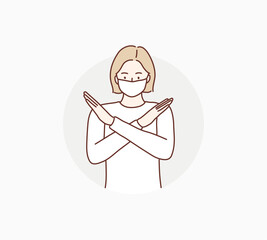 Woman wearing face mask. Young woman with crossed arms gesture. Hand drawn style vector design illustrations.