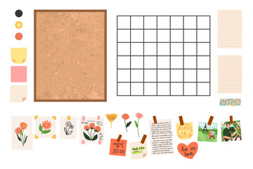 Framed cork board, dream board, note organizer with pins, posters, art, dry flowers, photos, paper sheets, stickers.