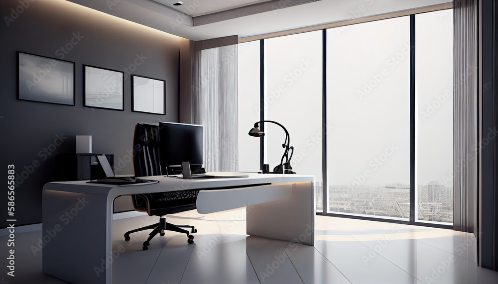 Wall mural Modern office with white walls and black glass, ai generated