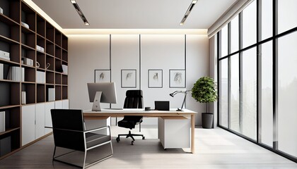 Modern office with white walls and black glass, ai generated