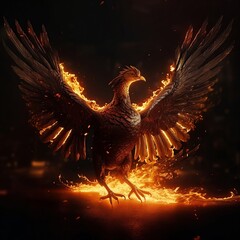 Fototapeta premium Phoenix Illustration with burning wings and fire, on Black Background, Digital Painting. Created using Generative AI