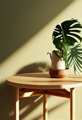 Wooden round side table with green leaves in living room , su shadows, AI Generated