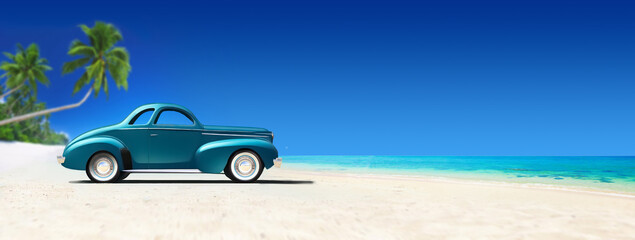 Fototapeta na wymiar Illustration of a vintage classic car standing on a tropical beach, daytime, side view, copy space, wide banner