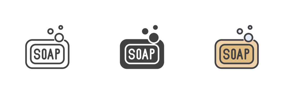 Soap bar and bubbles different style icon set