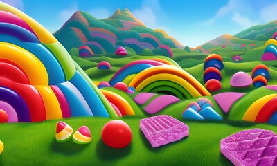 Ilustracja przedstawiająca kolorowy bajkowy krajobraz, tęcza, słodycze, w tle niebo z białymi chmurkami. Wygenerowano przy użyciu AI.