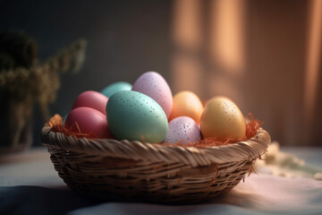 Obraz na płótnie Canvas Easter basket with eggs created with Generative AI