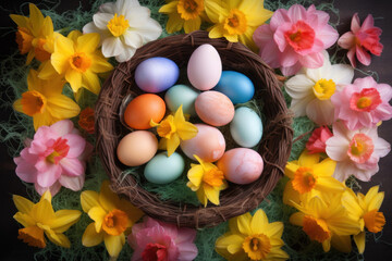 Fototapeta na wymiar Easter eggs and Spring flowers created with Generative AI