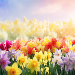 Field of Spring flowers created with Generative AI
