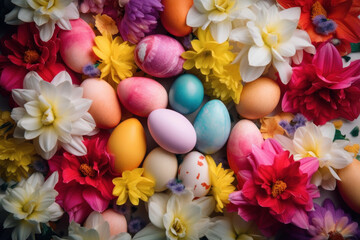 Obraz na płótnie Canvas Colorful Easter eggs and flowers created with Generative AI