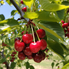 Bunch of Ripe red cherries fruits on a tree branch, green leaves