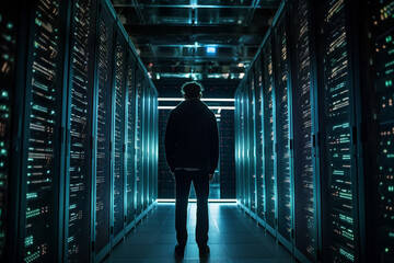 Hacker criminal standing in a tech room. Generative AI illustration