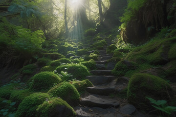 Stone steps in forest path covered with shamrock, ray of sunlight picking through